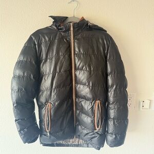 Black Glossy Puffer Jacket w/ Orange Zipper